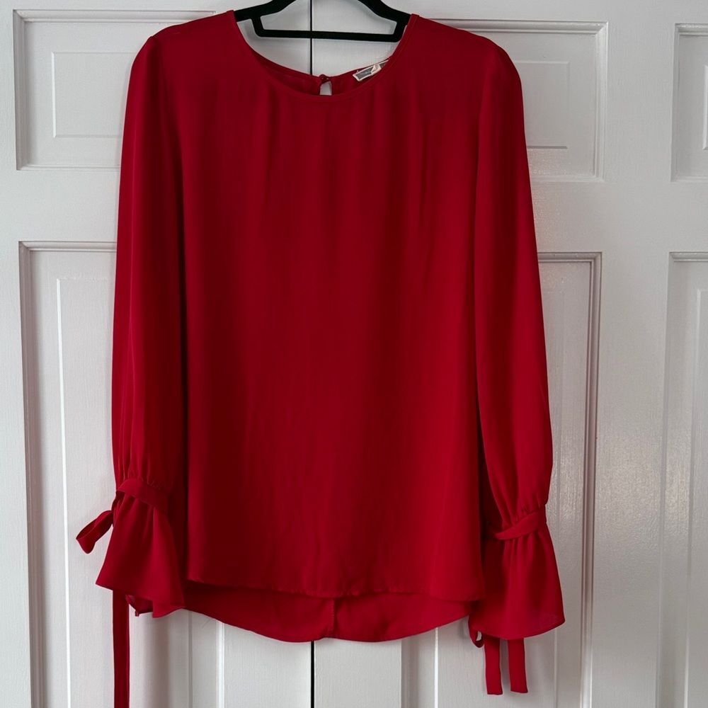 Pleione Red Flowy Blouse Statement Tie Ruffle Sleeves Bow Crew Neck Size Medium